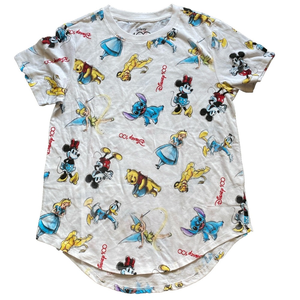 Disney 100 Mickey and Friends All-Over Graphic T-Shirt Juniors' large